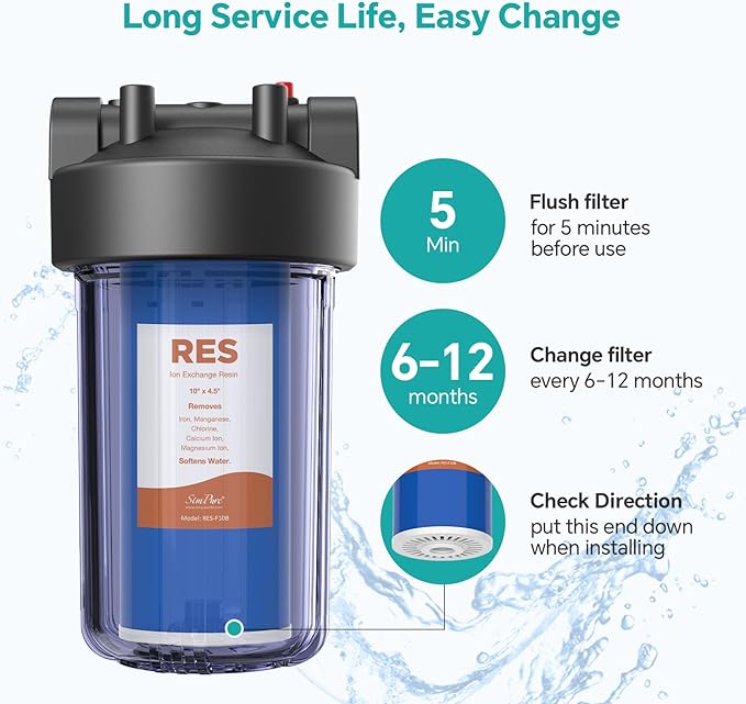SimPure Whole House Water Filter Cartridges 10" x 4.5" Cation Exchange Resin Water Softening Filter, for DB10P, DB10C, 4 Pack