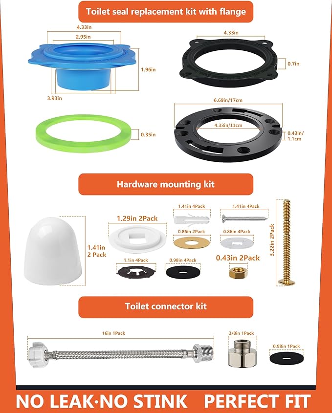 Toilet Flange Repair Kit with Elastic Wax Ring & 16" Water Supply Line, All-in-One Toilet Installation Kit, 3"/4" Drain Compatible, Rubber Gasket Seal Replacement Kit Bathroom DIY Fix Solution