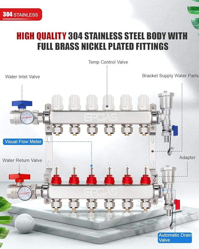 6-Loops Radiant Floor Heating Manifold Pex Pipe Radiant Heat Floor Manifold 304 Stainless Steel for 1/2" PEX Tube