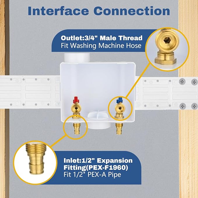50-Pack GUOFIS Washing Machine Outlet Box,1/2 Inch PEX-A Expansion Inlet x 3/4 Inch MHT Outlet, Laundry Washer Box(Center Drain)