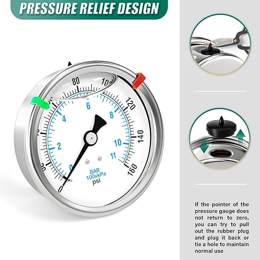 0-160PSI Stainless Steel Liquid Filled Pressure Gauge, 4" Dial Size, 1/4" NPT Back Mount, for Tube, Water Pump, Gas, Liquid, Pressure Test (with Range Mark Pointer)