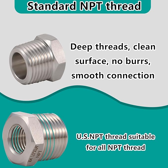 2 Pcs 1/2" Male NPT to 1/4" Female NPT Reducer Hex Bushing，304 Stainless Steel Pipe Fitting Hex Bushing, Heavy Duty Pipe Fitting Reducer Adapter