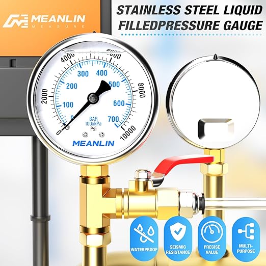 MEANLIN MEASURE 0~10000Psi Stainless Steel 1/4" NPT 2.5" FACE DIAL Liquid Filled Pressure Gauge WOG Water Oil Air Lower Mount, with 1/2" NPT and 3/8" NPT Hex Bushing
