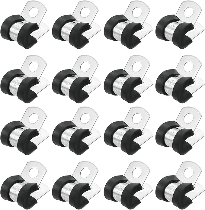uxcell 1/4"(6mm) Cable Clamp, 304 Stainless Steel Rubber Cushioned Insulated Clamp R Shape Metal Clamp Tube Holder for Pipe Hose Wire Cord Installation 20Pcs