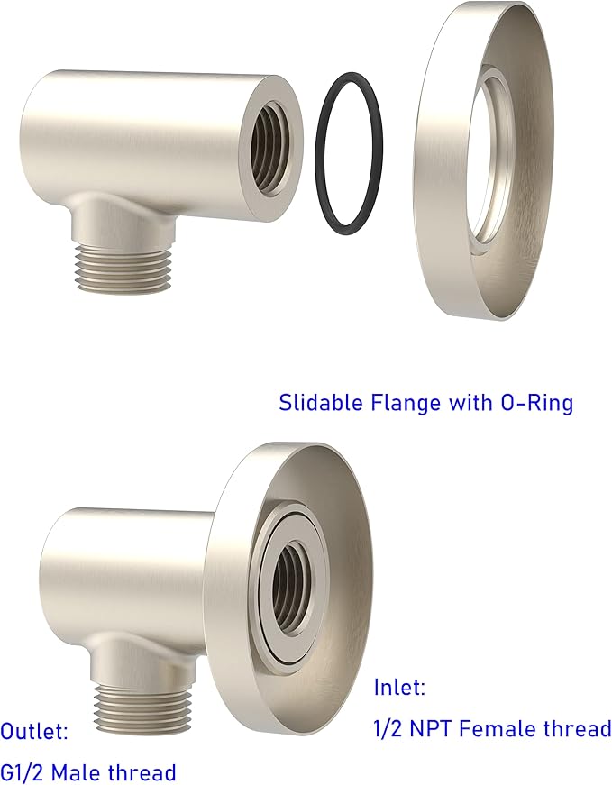 Aquaiaw Wall Supply Elbow with O-Ring Flange, Tapered 1/2 NPT Female Inlet, Solid Brass Wall Union, Round Water Supply Elbow, PVD Brushed Nickel, G1/2 Outlet