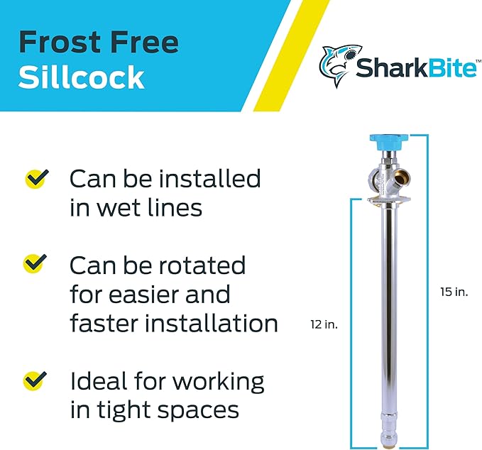 SharkBite 12 Inch Frost Free Sillcock, 1/2 x 3/4 Inch MHT, Push to Connect Brass Plumbing Fitting, PEX Pipe, Copper, CPVC, PE-RT, HDPE, 24636LF
