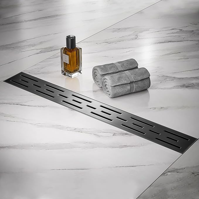Linear Shower Drain, Matte Black Shower Drain 28 Inch with Removable Grate, SUS-304 Stainless Steel Rectangle Floor Drain with Leveling Feet and Hair Strainer, Bathroom Modern Drain SD-101