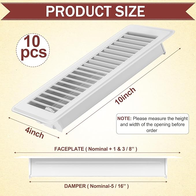 Coume 10 Pack 4" x 10" Floor Vent Covers Heavy Duty Floor Registers Metal Heat Vent Covers with Rust Proof Walkable Finish for Home Floor Grilles Vents(White)