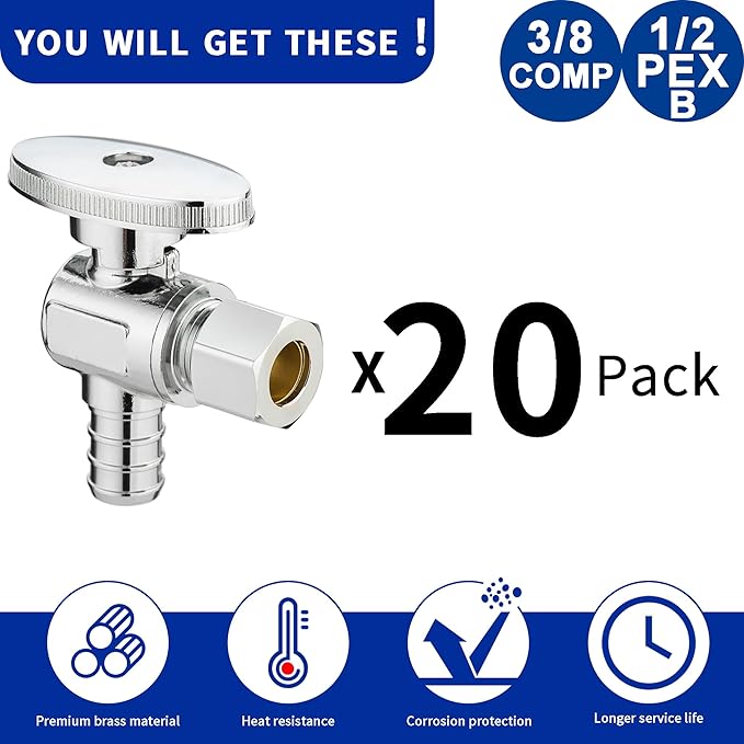 (20 Pack) Lidertik 1/2 inch Crimp PEX-B Angle Stop Valve 1/2 inch x 3/8 inch Compression for Water Toilet Bathroom Sink Brass Plated Chrome 1/4 Turn Valve LI-JF1-1807-A(20 PCS)
