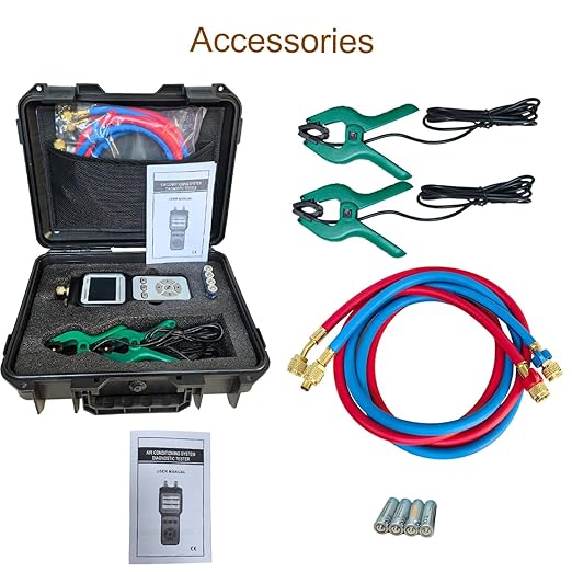 Professional A/C System Diagnostic Tester – HVAC Gauge Dual Pressure & Temperature Analyzer with Refrigerant Database, Vacuum and Leak Test for Automotive and Home AC Repair, Color Display
