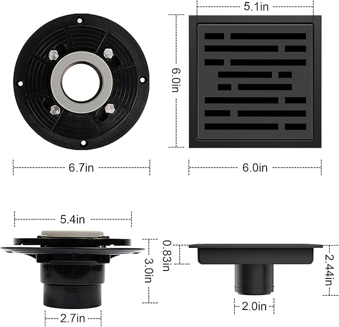 6 Inch Square Shower Floor Drain, Shower Drain Kit with Flange, Square Shower Drain, SUS 304 Stainless Steel Floor Drain,Matte Black