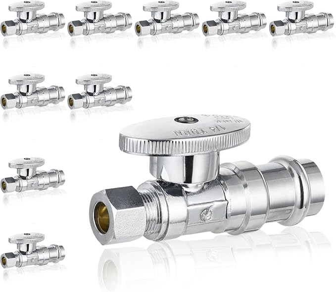 10-Pack GUOFIS Straight Stop Valve,1/2" Nominal Press Inlet x 3/8" OD Compression Outlet,1/4-Turn Shut-off Valve for Potable Water(Chrome Plated)(VALVE397)