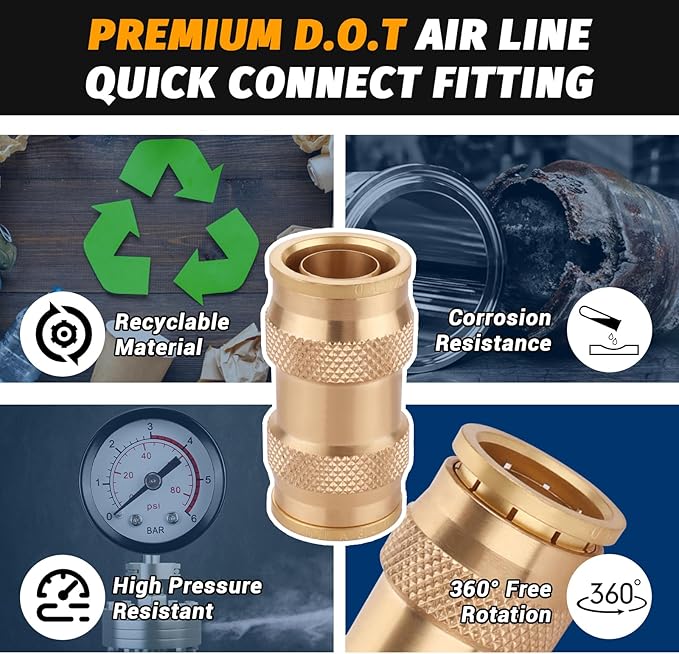 3/4" DOT Brass Push-to-Connect Fittings, (Three-quarters of an Inch) Air Brake Union Coupler for Push In with DOT Certified for Truck Airlines and Industrials(Pack 2)