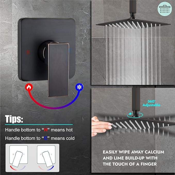 Heyalan Shower Faucet Set Square Stainless Steel Bathroom Rainfall Shower System One Handle Single Function Shower Trim Kit with Rough-in Valve Male Thread,Ceiling Mount,12 Inch,Oil Rubbed Bronze