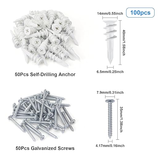 100PCS Self Drilling Drywall Anchors and Screws kit,Heavy Duty #8 x 1-1/4”Wall Anchors for Drywall Holds Upto 80lbs, No Drill Hole Required with Dry Wall Screws and Anchors,Wall Anchors for Drywall