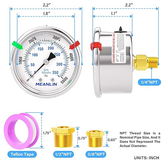 MEANLIN MEASURE 0~5000Psi Liquid Filled Pressure Gauge Stainless Steel 1/4" NPT 2" FACE DIAL for WOG Water Oil Air Center Back Mount, with Hex Bushing and 2PCS Snaps