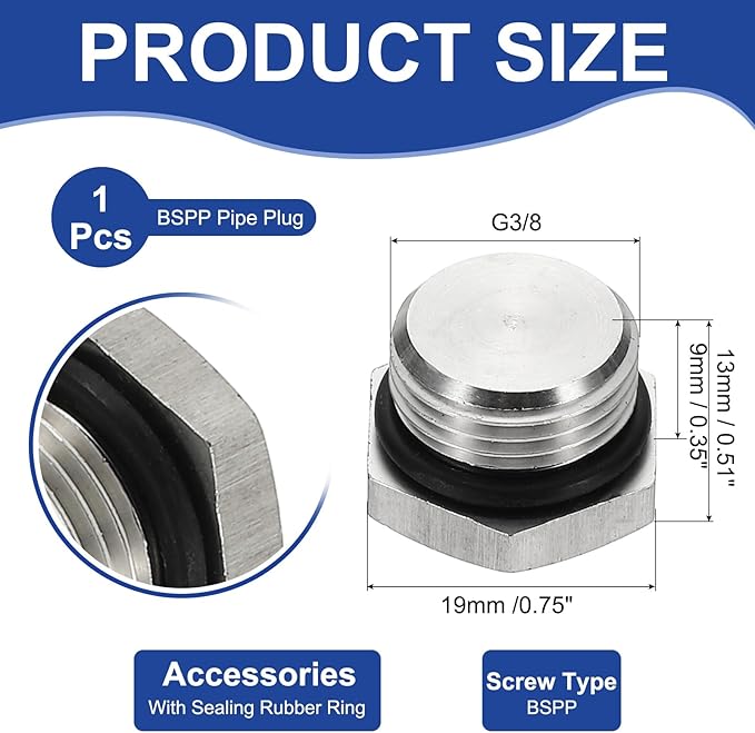 MECCANIXITY BSPP Pipe Plug Fitting, 304 Stainless Steel G3/8 Male Outer Hex Thread for Plumbing Fixed with Sealing Rubber Ring