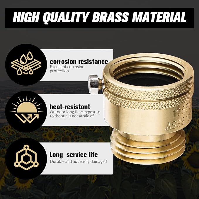 2 PCS Brass Vacuum Breaker Set 3/4 Inch GHT Lead-Free Compliant Brass Anti-Siphon Bib Valve for Vacuum Breaker Outside Faucet RV Hose Connection Backflow Preventer Connector with Tape、Extra washers