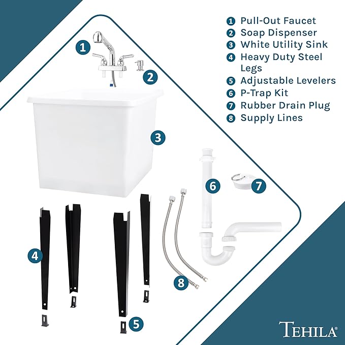 Space Saver Utility Sink by JS Jackson Supplies, Pull-Out Faucet, Soap Dispenser, White Tub with Chrome Plated Faucet