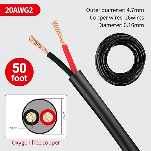 Lesnlok 20 Gauge Electrical Wire 2 Conductor,20 AWG Electrical Wire Stranded PVC Cord Oxygen-Free Copper Cable,50 FT Tinned Copper Hookup Wire Cord for LED Lamp Lighting Strips Automotive Black
