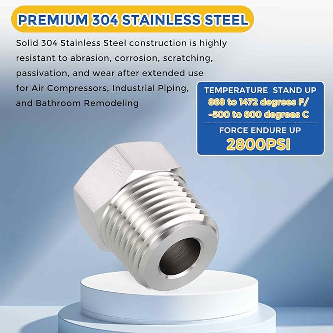 2 Pack 304 Stainless Steel Pipe Fittings, 1/2" MNPT to 1/4" FNPT Hex Bushing Reducer, Hose Tube Threaded Adapters for Air, Oil, LP, Gas