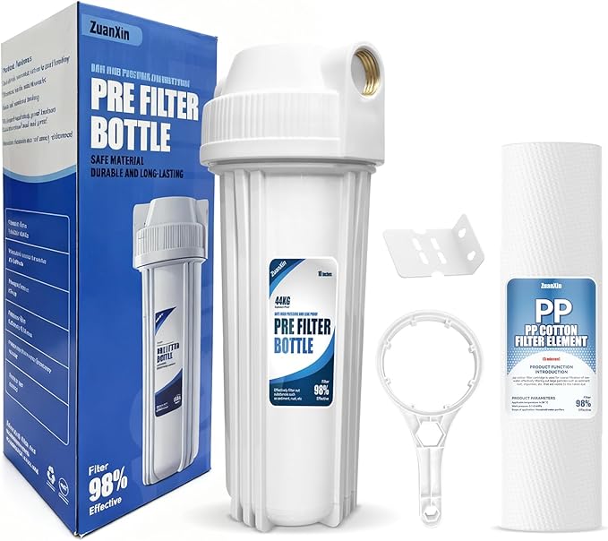 Whole House Water Filter Housing, Fit 10"x2.5" Sediment etc Filters for Well and City Water, Pre-Filtration System for Home, 3/4" Brass Port, Heavy Duty Steel Bracket, 4 Screws, Wrench, 1 Pp Cotton