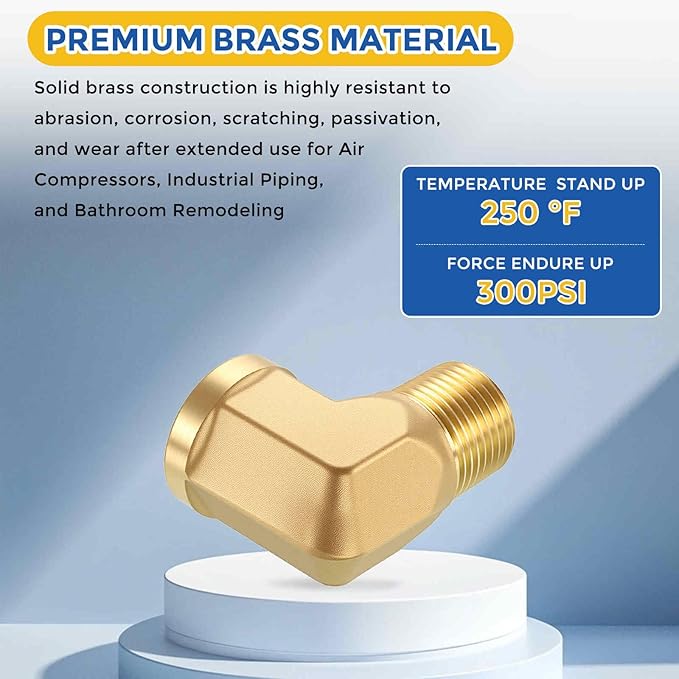 2 Pack Brass Pipe Fittings, 90 Degree 3/8" FeMale NPT to 3/8" Male NPT Barstock Street Elbow with Sealing Tape, Forged Pipe Fitting Connector for Air, Oil, LP, Fuel