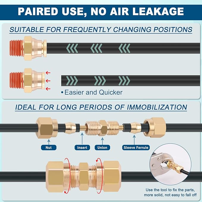 21pcs 32.8FT 3/8 Brass DOT Air Line Fittings Kit Quick Push to Connect Fittings 3/8 Inch Compression Air Fittings 3/8 SAE J844 PA12 Nylon Air Brake Line Tubing