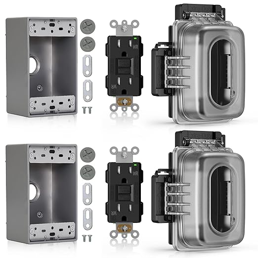 ELEGRP Outdoor GFCI Outlet with in Use Cover and Box Kit, 1 Gang, 15 Amp TRWR Self-Test GFI Receptacle, Extra Duty Metallic Electrical Outlet Box, Lockable in Use Cover, UL Listed, Black, 2 Pack