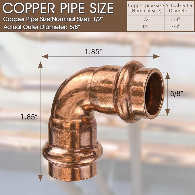 Copper Press Fittings,1/2 inch Copper Coupling 90 degree Elbow Coupling Zero Lead PxP 1/2 inch x 1/2 inch,12PK 90-Degree Elbow with 1/2-Inch for Plumbing,OD 5/8”,Use with Hydraulic Press Fitting Tool