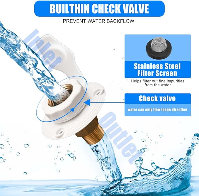 RV City Water Inlet with Check Valve - 3/4'' NH Female to 1/2" NPT Male, RV City Water Inlet for Camper, Trailer and Marine (White)