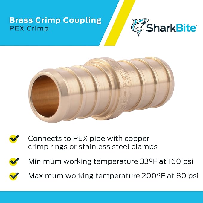 SharkBite 1/2 Inch Crimp Coupling, Brass Plumbing Fitting, PEX Pipe, PE-RT, UC008LFA