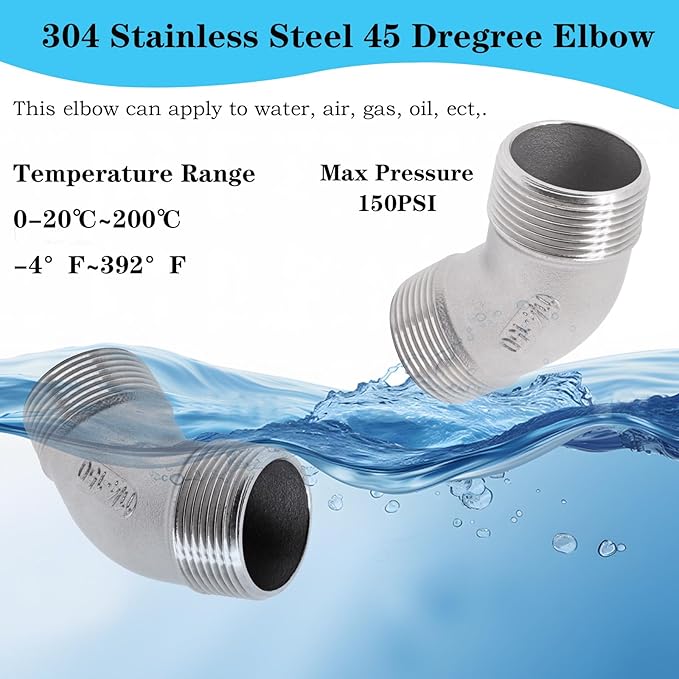 1PCS 304 Stainless Steel 45 Degree Elbow, 1-1/4" NPT Male Pipe to 1-1/4" NPT Male Coupler, Heavy Duty Forged Street Elbow Adapter Pipe Fittings, Class 150
