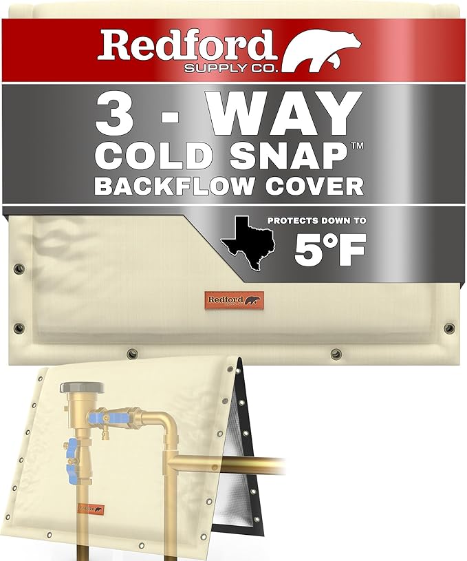 Redford Supply Co. Cold Snap (5°F) Backflow Preventer Insulation Cover, 3-Way Custom, 28"W x 20"H, Pipe Insulation, Water Sprinkler Covers for Outside, Sprinkler Backflow Cover for Winter (Beige)