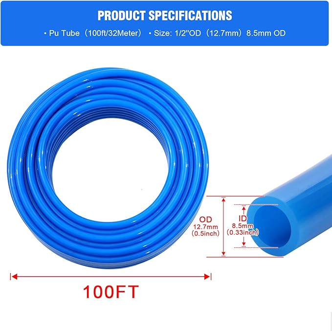 Shop Air Line Kit,Blue 1/2 Inch 100ft PU Air Tubing Kit, Hose Air Line TubingOr Fluid Transfer Pneumatic tubing with Push to Connect Fittings