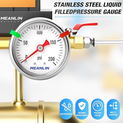 MEANLIN MEASURE 0~200Psi Pressure Gauge, Glycerin Filled 1/8" NPT 1.5" FACE DIAL, Stainless Steel Liquid Filled Pressure Gauge WOG Water Oil Air Back Mount (with 2PCS Snaps)