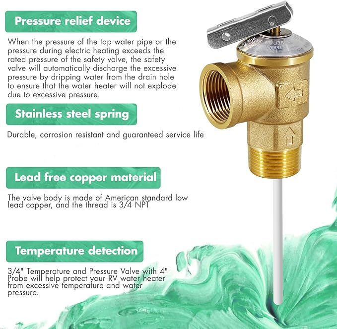 VAV Temperature Pressure Relief Valve, 3/4" NPT Female Thread, 150 PSI, 4" Temperature Probe, Lead-Free Copper, CSA LISTED