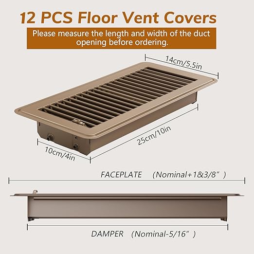 12Pcs Floor Vents Floor Registers 4x10 Inch, Heavy Duty Metal Hot Air Vent Covers 4x10 Inch with Rust-Proof Finish for Home Heater Floor Vent Grilles and Vents
