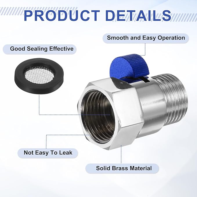 uxcell G1/2" Female x Male Shower Shut Off Valve, Brass Water Flow Control Valve for Shower Head with Hose Flow Restrictor, Blue