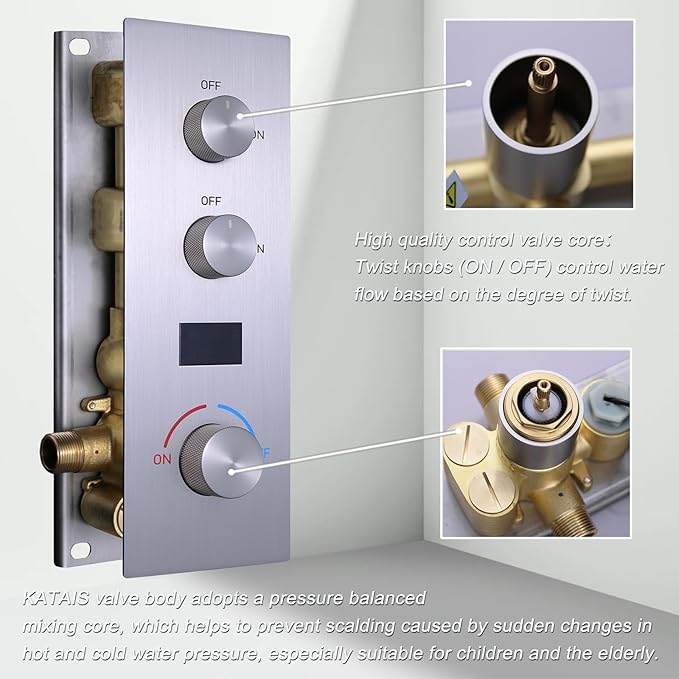 Concealed Mount Brass Shower Valve, Digital Temperature Display, Flow Control Mixing Valve, 2 Function, Brushed Nickel