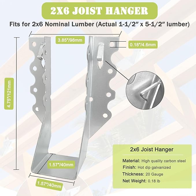 (60PC) 2" X 6" Joist Hanger 18 Gauge Double Shear Face Mount Joist Hangers for Wood, Floor Deck and Ceililng Joists