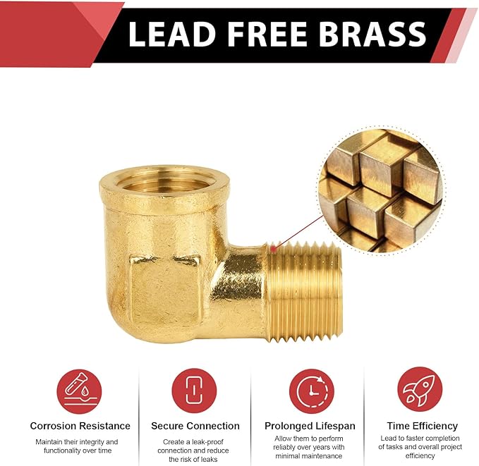 (Pack of 2) EFIELD 1/2" MNPT X1/2" FNPT 90 Degree Barstock Street Elbow, Female to Male Brass Pipe Fittings,(NPT121)