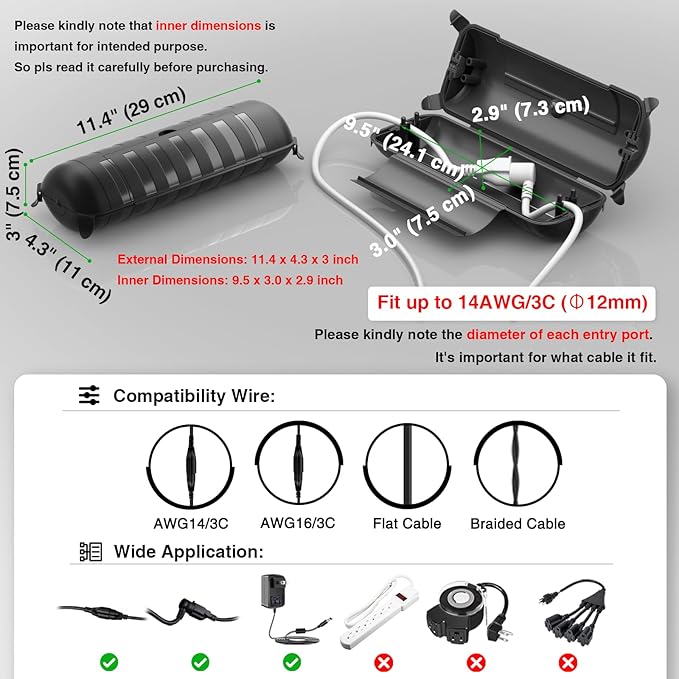 Flemoon 2-Piece Outdoor Waterproof Electrical Box Set – 12.5" x 8.5" x 5" Large Electrical Box & 11.3" x 4.3" x 3" Extension Cord Cover for Power Strip, Outlet, Holiday Light, Black