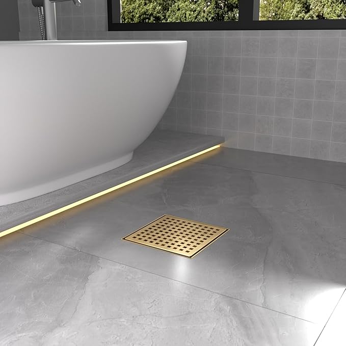 6 Inch Square Shower Drain | Brushed Gold Shower Drain with Flange, Hair Strainer & Removable Grid Cover, AISI 304 Stainless Steel Shower Floor Drain, in Bathroom, Kitchen, Balcony etc