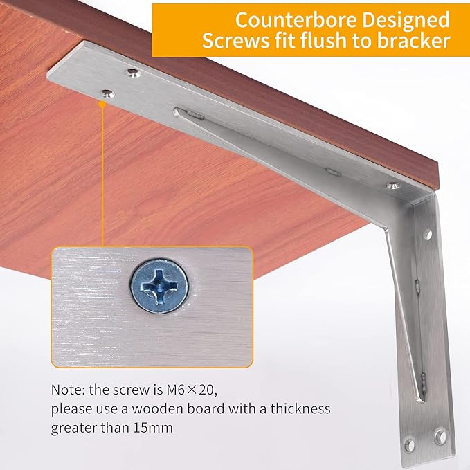 YUMORE Shelf Bracket Heavy Duty 14x8x2 in, 1/5IN Extra Thick Solid L Brackets Stainless Steel Countertop Bar Top Support Brackets Wall Mounted, Includes Hardware, 2 Pack