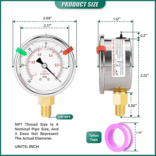 -30inHG~0Psi Stainless Steel Liquid Filled Pressure Gauge, 2.5" Dial Size, 1/8" NPT Lower Mount, for Tube, Water Pump, Gas, Liquid, Pressure Test (with Range Mark Pointer)