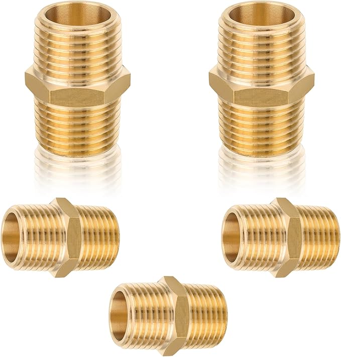 5-PCs HeSun Brass Hex Nipple Pipe Fitting, 1/2" NPT Male x 1/2" NPT Male Nipple Pipe Adapter(NPT013-5)