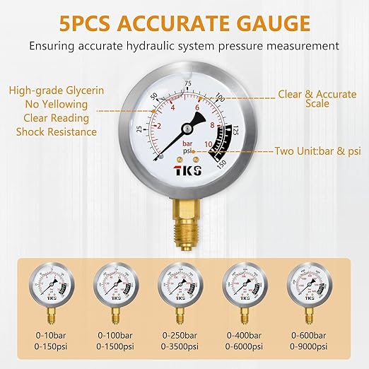 Hydraulic Pressure Test Kit，600bar /8700psi / 60mpa 5 Gauges 13 Test Couplings 14 Tee Connectors 5 Test Hoses, Hydraulic Gauge Kit Sturdy Carrying Case for Excavator Construction Machinery Ships Mine