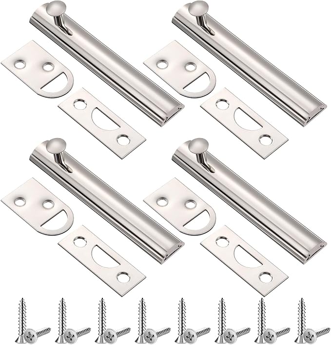 Lothee 4 Pcs Solid Brass Surface Bolt Door Slide Bolt Door Latches for Top of Slide Latch Lock(3",Silver)