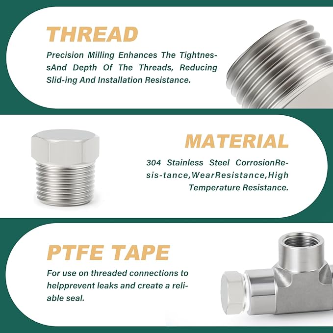 5PCS Stainless Steel Outer Hex Thread Socket Pipe Plug Fitting, 3/8" NPT Male, for Blocking or Sealing Holes in Pipes or Devices